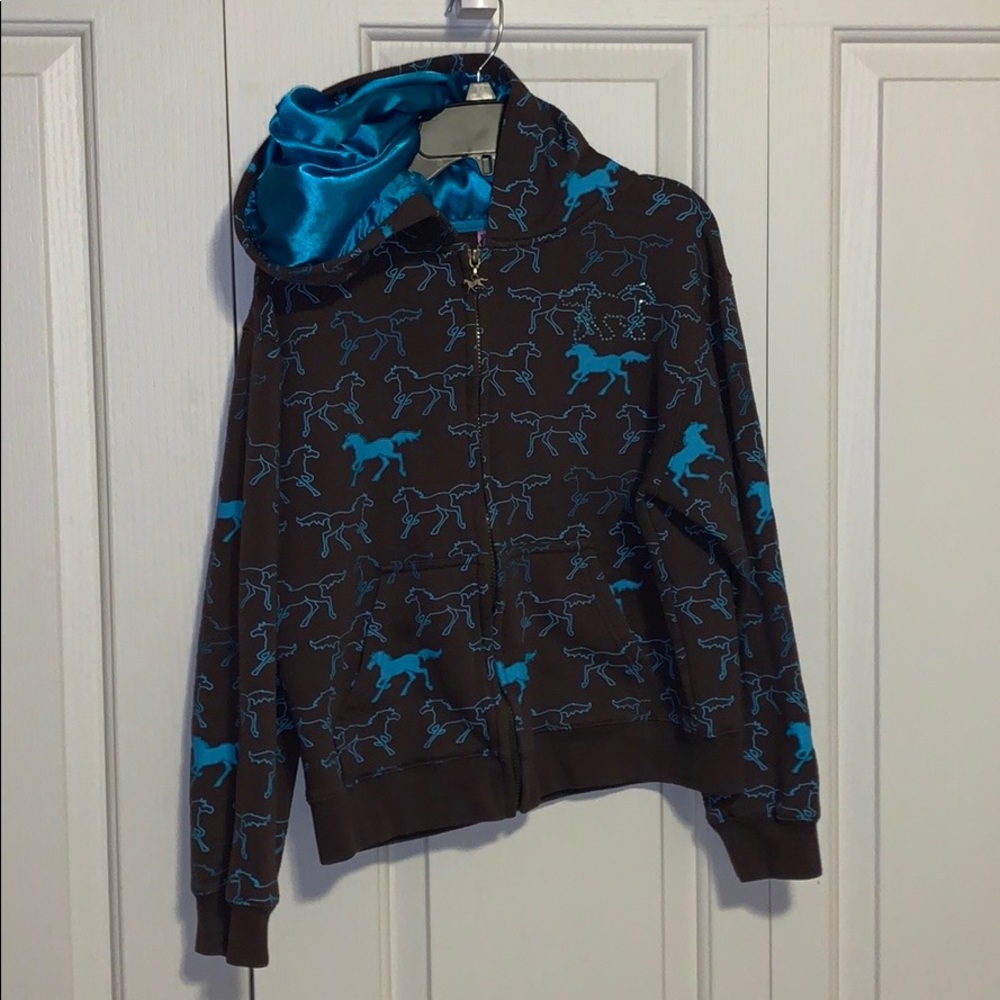 Brown & Teal Girls Horse Zip-Up Hoodie